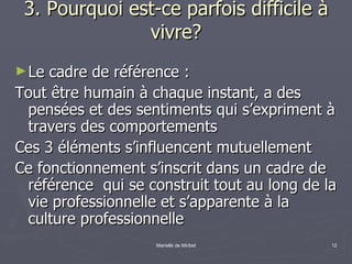 3. Pourquoi est-ce parfois difficile à vivre? Le cadre de référence :  Tout être humain à chaque instant, a des pensées et des sentiments qui s’expriment à travers des comportements Ces 3 éléments s’influencent mutuellement Ce fonctionnement s’inscrit dans un cadre de référence  qui se construit tout au long de la vie professionnelle et s’apparente à la culture professionnelle 
