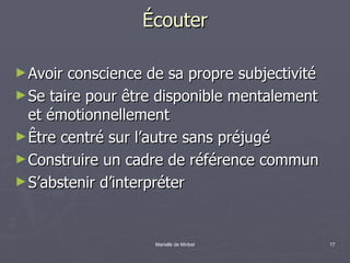 Écouter Avoir conscience de sa propre subjectivité Se taire pour être disponible mentalement et émotionnellement Être centré sur l’autre sans préjugé Construire un cadre de référence commun S’abstenir d’interpréter 