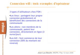 Connexion wifi : trois exemples d’opérateur 3 types d’utilisateurs chez FON : Les linus : partagent leur propre connexion gratuitement et bénéficient des connexions de la communauté Les aliens : non membres de la communauté, paient leur connexion, directement en ligne (3 euros/jour) Les bill : font commerce de leur connexion (50% du montant est reversé) 