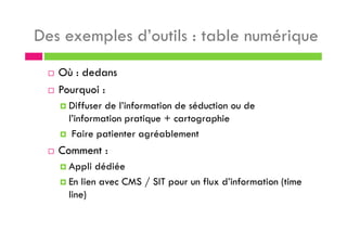 Des exemples d’outils : table numérique
Où : dedans
Pourquoi :
Diffuser de l’information de séduction ou de
l’information pratique + cartographie
Faire patienter agréablement
Comment :
Appli dédiée
En lien avec CMS / SIT pour un flux d’information (time
line)
 