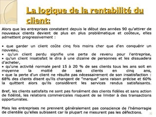 La logique de la rentabilité duLa logique de la rentabilité du
client:client:
32
 