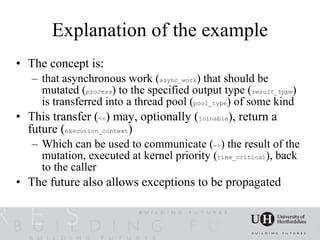 Explanation of the example
• The concept is:
   – that asynchronous work (async_work) that should be
     mutated (process) to the specified output type (result_type)
     is transferred into a thread pool (pool_type) of some kind
• This transfer (<<) may, optionally (joinable), return a
  future (execution_context)
   – Which can be used to communicate (->) the result of the
     mutation, executed at kernel priority (time_critical), back
     to the caller
• The future also allows exceptions to be propagated
 