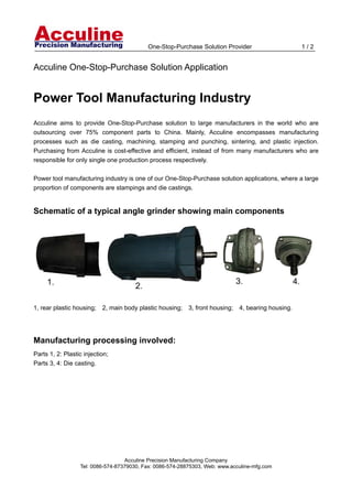                 One-Stop-Purchase Solution Provider                                1 / 2 
 

Acculine One-Stop-Purchase Solution Application


Power Tool Manufacturing Industry
Acculine aims to provide One-Stop-Purchase solution to large manufacturers in the world who are
outsourcing over 75% component parts to China. Mainly, Acculine encompasses manufacturing
processes such as die casting, machining, stamping and punching, sintering, and plastic injection.
Purchasing from Acculine is cost-effective and efficient, instead of from many manufacturers who are
responsible for only single one production process respectively.

Power tool manufacturing industry is one of our One-Stop-Purchase solution applications, where a large
proportion of components are stampings and die castings.


Schematic of a typical angle grinder showing main components




1, rear plastic housing;   2, main body plastic housing;        3, front housing;      4, bearing housing.




Manufacturing processing involved:
Parts 1, 2: Plastic injection;
Parts 3, 4: Die casting.




       




                                   Acculine Precision Manufacturing Company
                  Tel: 0086-574-87379030, Fax: 0086-574-28875303, Web: www.acculine-mfg.com
 