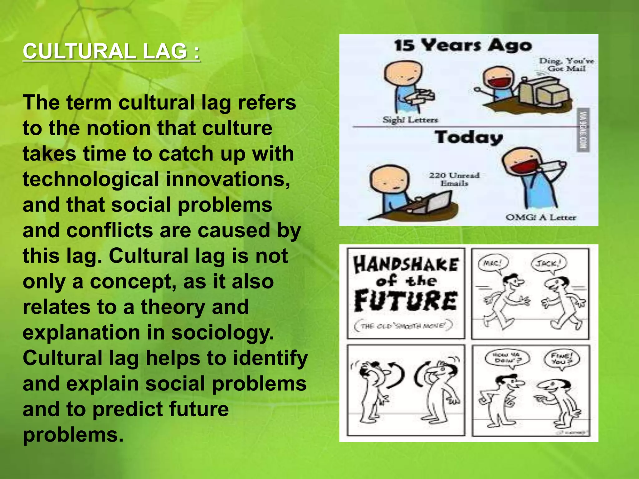 CULTURAL LAG :
The term cultural lag refers
to the notion that culture
takes time to catch up with
technological innovations,
and that social problems
and conflicts are caused by
this lag. Cultural lag is not
only a concept, as it also
relates to a theory and
explanation in sociology.
Cultural lag helps to identify
and explain social problems
and to predict future
problems.
 