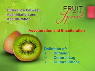 Definition of:
 Diffusion
 Cultural Lag
 Cultural Shock
Acculturation and Enculturation
 