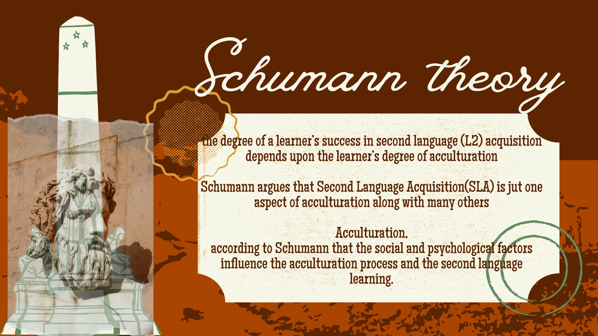 the degree of a learner’s success in second language (L2) acquisition
depends upon the learner’s degree of acculturation
Schumann argues that Second Language Acquisition(SLA) is jut one
aspect of acculturation along with many others
Acculturation,
according to Schumann that the social and psychological factors
influence the acculturation process and the second language
learning.
Schumann theory
 