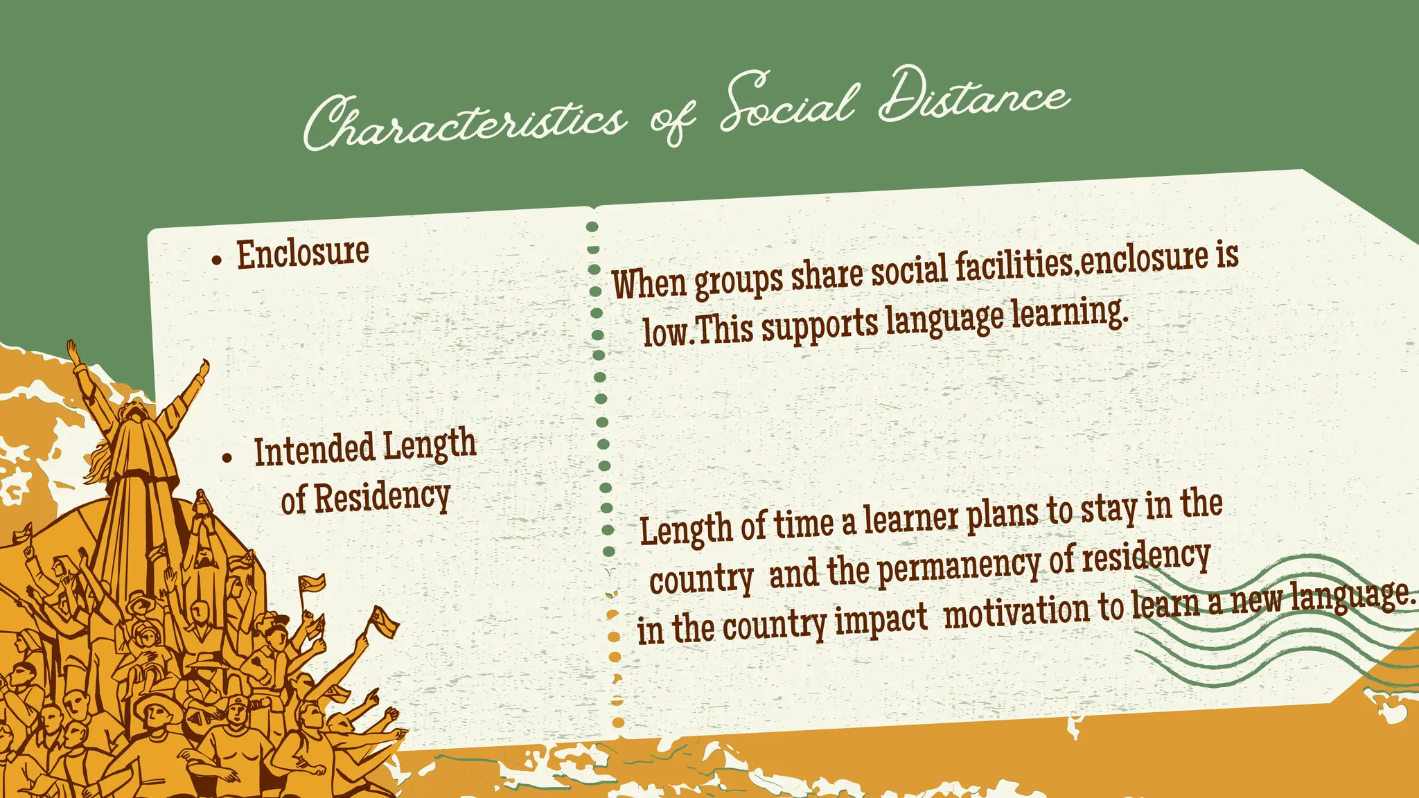 Enclosure
When groups share social facilities,enclosure is
low.This supports language learning.
Intended Length
of Residency
Length of time a learner plans to stay in the
country and the permanency of residency
in the country impact motivation to learn a new language.
Characteristics of Social Distance
 