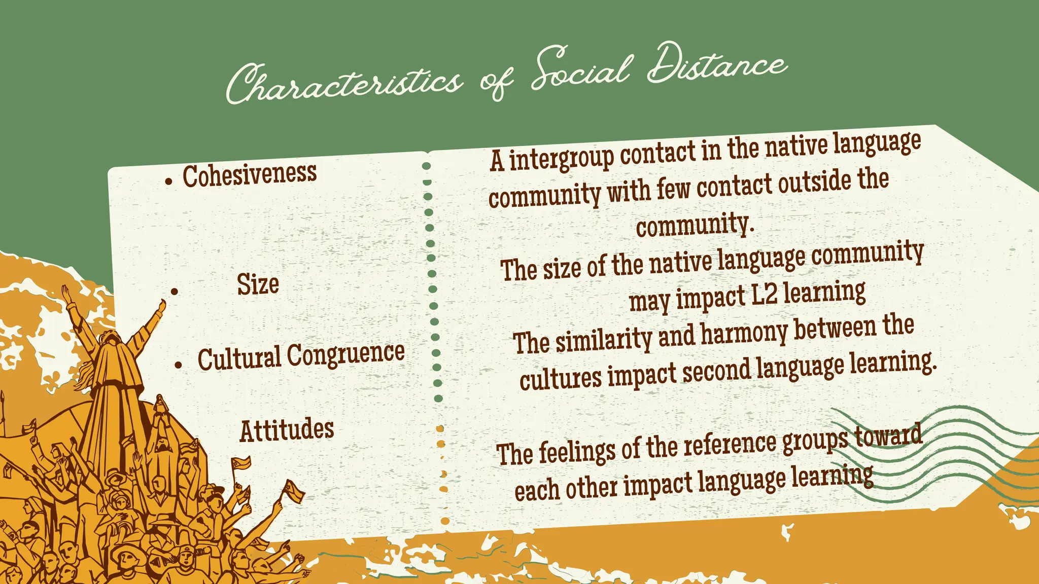 Cohesiveness A intergroup contact in the native language
community with few contact outside the
community.
Size The size of the native language community
may impact L2 learning
Cultural Congruence The similarity and harmony between the
cultures impact second language learning.
Attitudes
The feelings of the reference groups toward
each other impact language learning
Characteristics of Social Distance
 