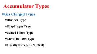 Accumulator Types
Gas Charged Types
Bladder Type
Diaphragm Type
Sealed Piston Type
Metal Bellows Type
Usually Nitrogen (Nuetral)
 