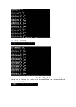 Case 4: Similarly for insurer ZP:
Case 5:Fromrecords tablesetauthorization to public:Their visibility only allowsa person fromthegeneral
public to view the procedure done and date for all de-identified clients. They cannot see from which
insurer, or how much was paid.
 