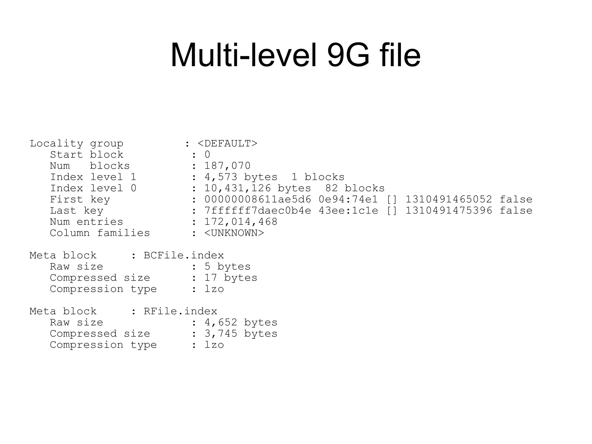 Multi-level 9G file

Locality group        : <DEFAULT>
   Start block         : 0
   Num   blocks        : 187,070
   Index level 1       : 4,573 bytes 1 blocks
   Index level 0       : 10,431,126 bytes 82 blocks
   First key           : 00000008611ae5d6 0e94:74e1 [] 1310491465052 false
   Last key            : 7ffffff7daec0b4e 43ee:1c1e [] 1310491475396 false
   Num entries         : 172,014,468
   Column families     : <UNKNOWN>

Meta block     : BCFile.index
   Raw size             : 5 bytes
   Compressed size      : 17 bytes
   Compression type     : lzo
Meta block     : RFile.index
   Raw size             : 4,652 bytes
   Compressed size      : 3,745 bytes
   Compression type     : lzo
 