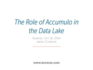 The Role of Accumulo in 
the Data Lake 
Koverse. Oct 16, 2014 
Aaron Cordova 
www.koverse.com 
 