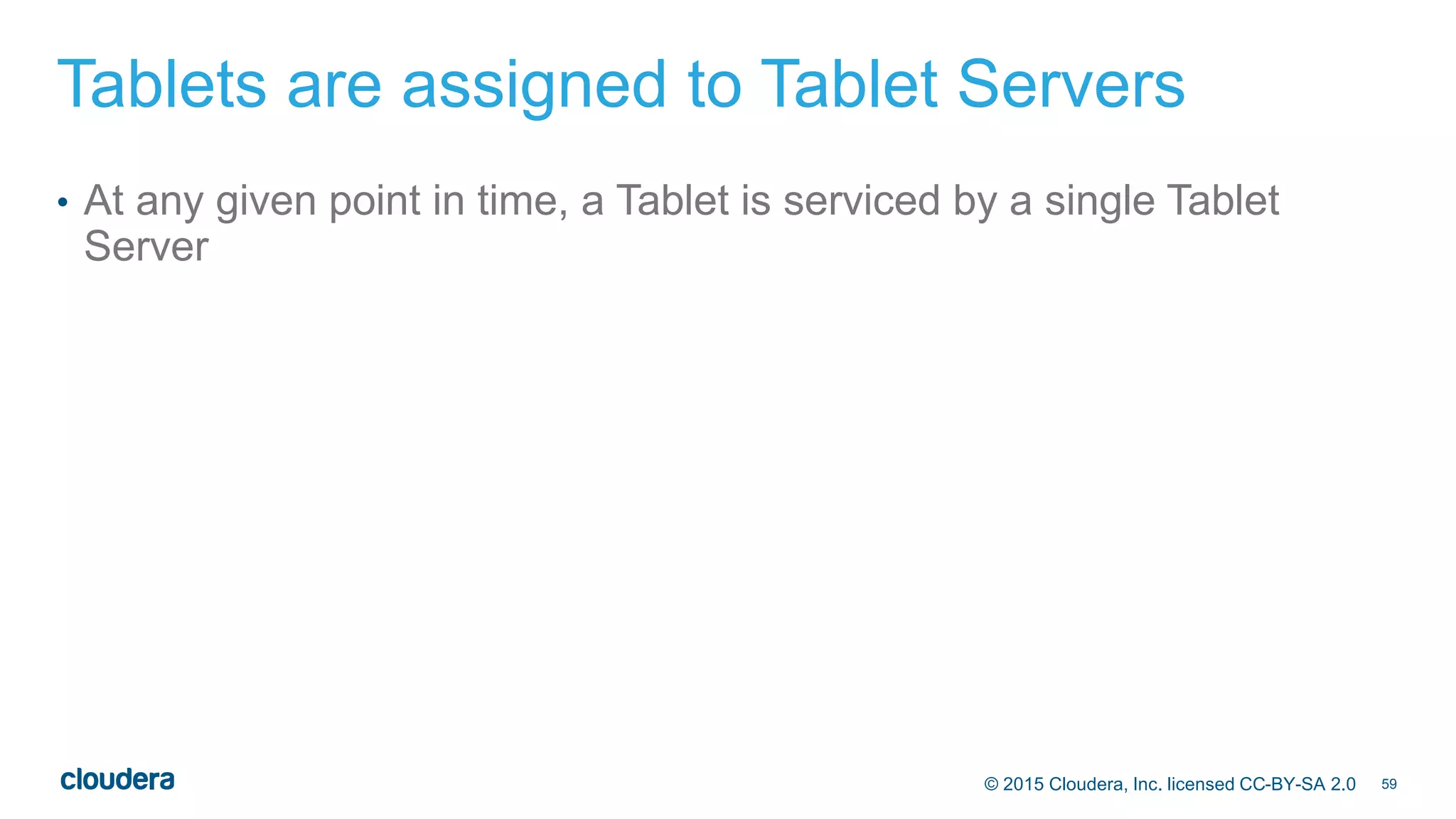59© 2015 Cloudera, Inc. licensed CC-BY-SA 2.0
Tablets are assigned to Tablet Servers
• At any given point in time, a Tablet is serviced by a single Tablet
Server
 