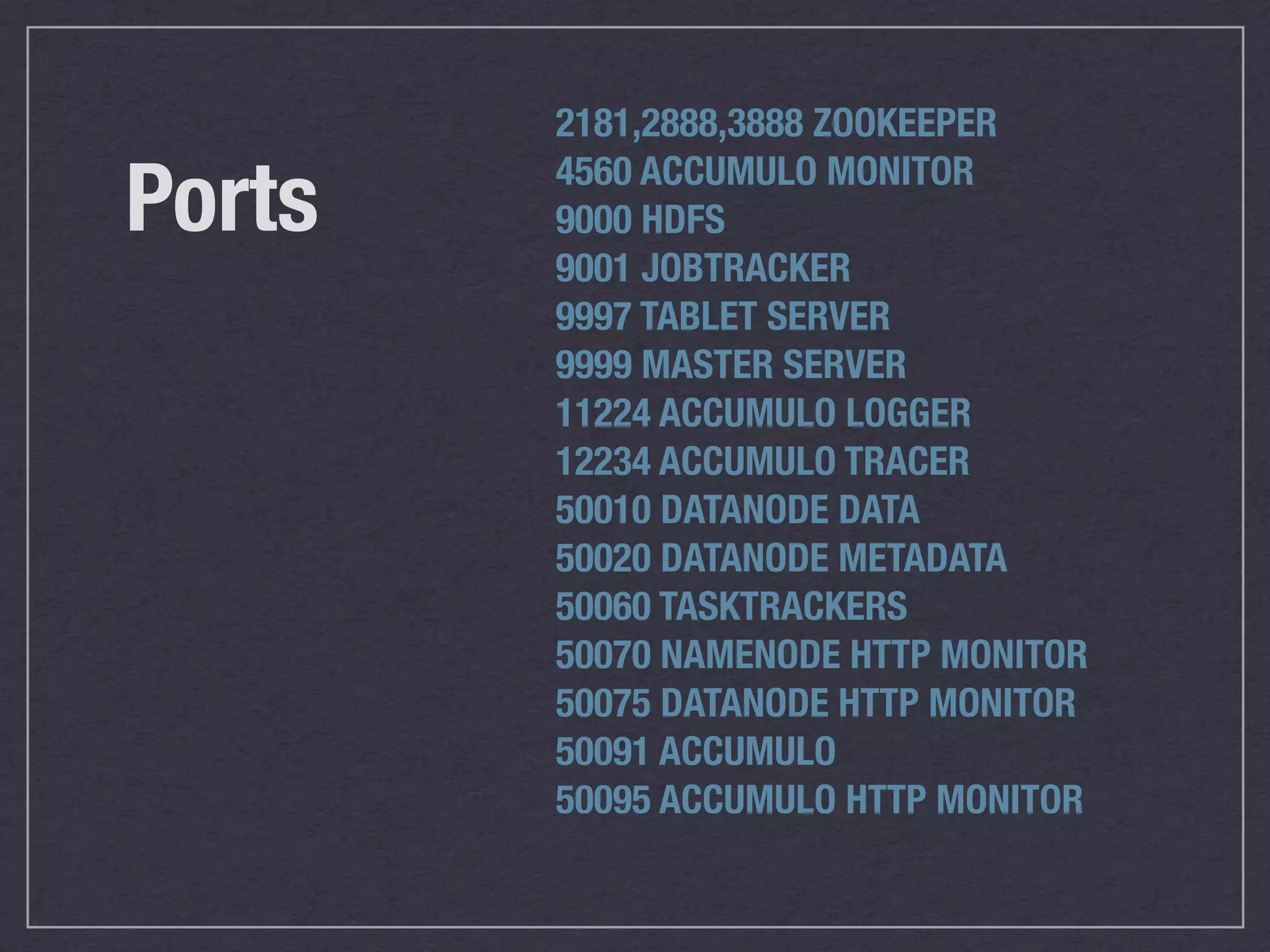 2181,2888,3888 ZOOKEEPER

Ports   4560 ACCUMULO MONITOR
        9000 HDFS
        9001 JOBTRACKER
        9997 TABLET SERVER
        9999 MASTER SERVER
        11224 ACCUMULO LOGGER
        12234 ACCUMULO TRACER
        50010 DATANODE DATA
        50020 DATANODE METADATA
        50060 TASKTRACKERS
        50070 NAMENODE HTTP MONITOR
        50075 DATANODE HTTP MONITOR
        50091 ACCUMULO
        50095 ACCUMULO HTTP MONITOR
 