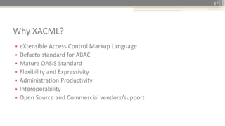 17
• eXtensible Access Control Markup Language
• Defacto standard for ABAC
• Mature OASIS Standard
• Flexibility and Expressivity
• Administration Productivity
• Interoperability
• Open Source and Commercial vendors/support
Why XACML?
 