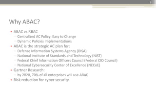 • ABAC vs RBAC
▫ Centralized AC Policy: Easy to Change
▫ Dynamic Policies Implementations
• ABAC is the strategic AC plan for:
▫ Defense Information Systems Agency (DISA)
▫ National Institute of Standards and Technology (NIST)
▫ Federal Chief Information Officers Council (Federal CIO Council)
▫ National Cybersecurity Center of Excellence (NCCoE)
• Gartner Research:
▫ by 2020, 70% of all enterprises will use ABAC
• Risk reduction for cyber security
Why ABAC?
3
 
