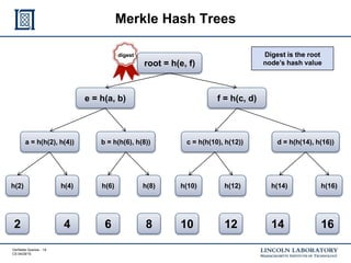 Verifiable Queries - 18
CS 04/29/15
digest
Merkle Hash Trees
2 4 6 8
h(2) h(4) h(6) h(8)
a = h(h(2), h(4)) b = h(h(6), h(8))
e = h(a, b)
10 12 14 16
h(10) h(12) h(14) h(16)
c = h(h(10), h(12)) d = h(h(14), h(16))
f = h(c, d)
root = h(e, f)
Digest is the root
node’s hash value
 