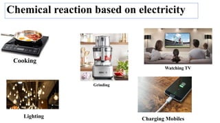Chemical reaction based on electricity
Cooking
Lighting
Watching TV
Grinding
Charging Mobiles
 