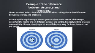 Example of the difference
between Accuracy and
Precision…
The example of a darts board is often used when talking about the difference
between accuracy and precision.
Accurately hitting the target means you are close to the centre of the target,
even if all the marks are on different sides of the centre. Precisely hitting a target
means all the hits are closely spaced, even if they are very far from the centre of
the target.
 