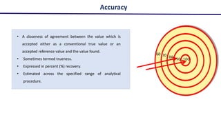 • A closeness of agreement between the value which is
accepted either as a conventional true value or an
accepted reference value and the value found.
• Sometimes termed trueness.
• Expressed in percent (%) recovery.
• Estimated across the specified range of analytical
procedure.
Accuracy
100
90
80
70
60
 