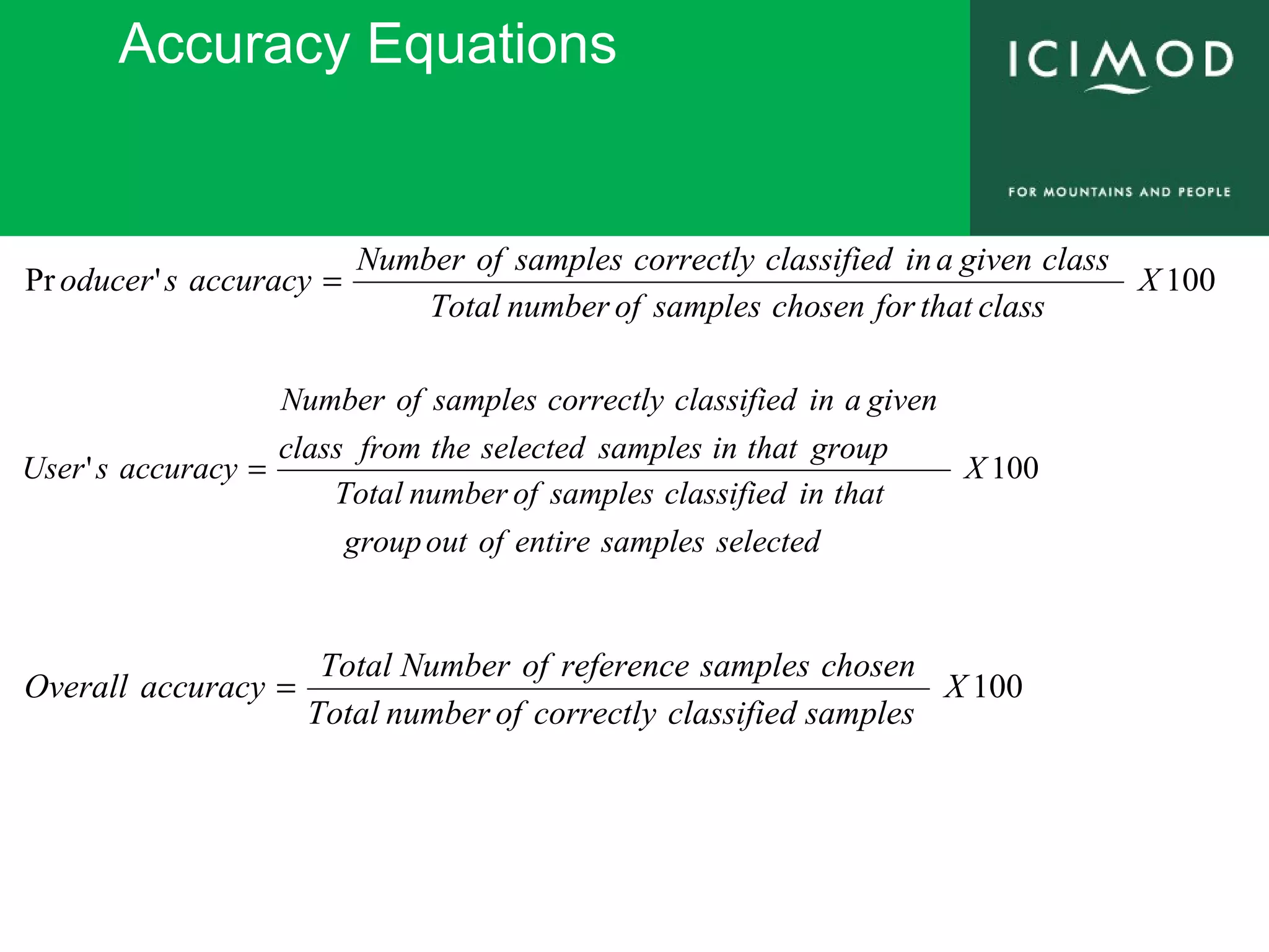 Accuracy Equations
100'Pr X
classthatforchosensamplesofnumberTotal
classgivenainclassifiedcorrectlysamplesofNumber
accuracysoducer =
100' X
selectedsamplesentireofoutgroup
thatinclassifiedsamplesofnumberTotal
groupthatinsamplesselectedthefromclass
givenainclassifiedcorrectlysamplesofNumber
accuracysUser =
100X
samplesclassifiedcorrectlyofnumberTotal
chosensamplesreferenceofNumberTotal
accuracyOverall =
 