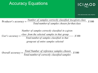 Accuracy Equations
100'Pr X
classthatforchosensamplesofnumberTotal
classgivenainclassifiedcorrectlysamplesofNumber
accuracysoducer =
100' X
selectedsamplesentireofoutgroup
thatinclassifiedsamplesofnumberTotal
groupthatinsamplesselectedthefromclass
givenainclassifiedcorrectlysamplesofNumber
accuracysUser =
100X
samplesclassifiedcorrectlyofnumberTotal
chosensamplesreferenceofNumberTotal
accuracyOverall =
 