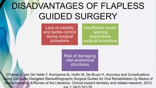 DISADVANTAGES OF FLAPLESS
GUIDED SURGERY
Lack of visibility
and tactile control
during surgical
procedure
Insufficient mouth
opening
jeopardizes
surgical procedure
Risk of damaging
vital anatomical
structures
D'haese J, Van De Velde T, Komiyama AI, Hultin M, De Bruyn H. Accuracy and Complications
Using Computer‐Designed Stereolithographic Surgical Guides for Oral Rehabilitation by Means of
Dental Implants: A Review of the Literature. Clinical implant dentistry and related research. 2012
 