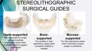 STEREOLITHOGRAPHIC
SURGICAL GUIDES
Tooth-supported
Recommended for single
tooth and partially
edentulous cases when
minimally invasive surgery
is preferred
Bone-
supported
For partially or fully
edentulous cases when
increased visibility is
needed
Mucosa-
supported
For fully edentulous cases
when minimally invasive
surgery is preferred.
 