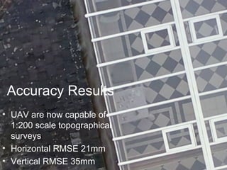 Accuracy Results
• UAV are now capable of
1:200 scale topographical
surveys
• Horizontal RMSE 21mm
• Vertical RMSE 35mm
 