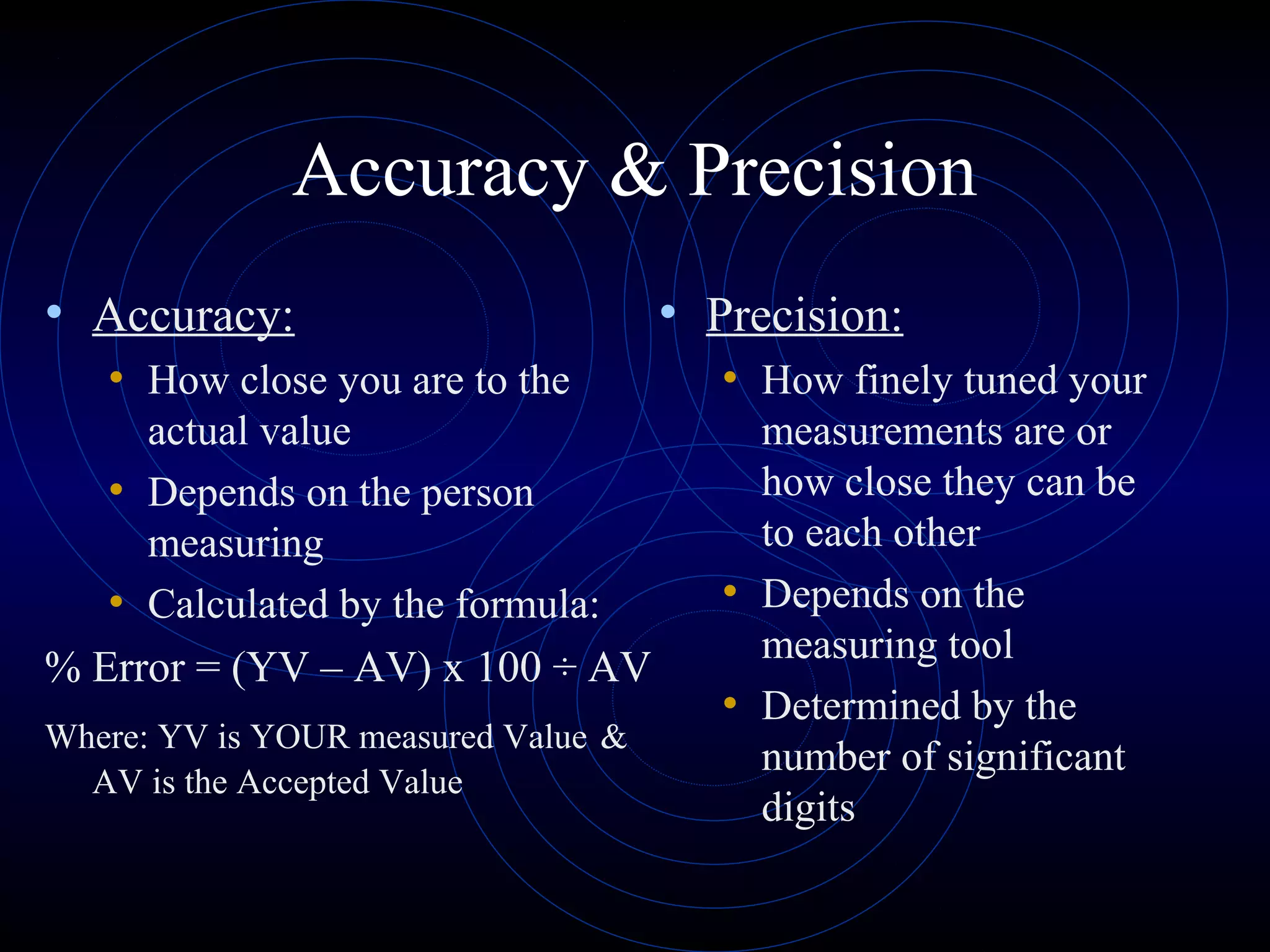 Accuracy & Precision
• Accuracy:
• How close you are to the
actual value
• Depends on the person
measuring
• Calculated by the formula:
% Error = (YV – AV) x 100 ÷ AV
Where: YV is YOUR measured Value &
AV is the Accepted Value
• Precision:
• How finely tuned your
measurements are or
how close they can be
to each other
• Depends on the
measuring tool
• Determined by the
number of significant
digits
 