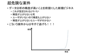 超危険な案件
• データ分析の精度が高いことを前提にした新規ビジネス
• これが設定されるとヤバい
• 精度が上がらないと死
• ユーザがいないので精度も上がらない
• 精度が上がらないとユーザが付かない
• こういう案件からは今すぐ逃げろ！！！
価値
精度
 