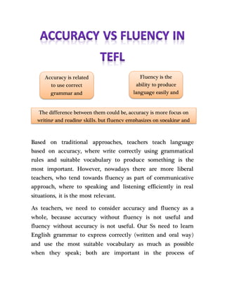 Based on traditional approaches, teachers teach language
based on accuracy, where write correctly using grammatical
rules and suitable vocabulary to produce something is the
most important. However, nowadays there are more liberal
teachers, who tend towards fluency as part of communicative
approach, where to speaking and listening efficiently in real
situations, it is the most relevant.
As teachers, we need to consider accuracy and fluency as a
whole, because accuracy without fluency is not useful and
fluency without accuracy is not useful. Our Ss need to learn
English grammar to express correctly (written and oral way)
and use the most suitable vocabulary as much as possible
when they speak; both are important in the process of
Accuracy is related
to use correct
grammar and
vocabulary
Fluency is the
ability to produce
language easily and
smoothly.
The difference between them could be, accuracy is more focus on
writing and reading skills, but fluency emphasizes on speaking and
listening skills
 