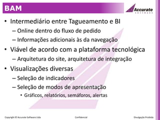 BAMIntermediário entre Tagueamento e BIOnline dentro do fluxo de pedidoInformações adicionais às da navegaçãoViável de acordo com a plataforma tecnológicaArquitetura do site, arquitetura de integraçãoVisualizações diversasSeleção de indicadoresSeleção de modos de apresentaçãoGráficos, relatórios, semáforos, alertas