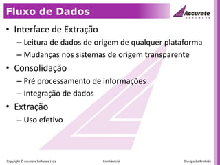Fluxo de DadosInterface de ExtraçãoLeitura de dados de origem de qualquer plataformaMudanças nos sistemas de origem transparenteConsolidaçãoPré processamento de informaçõesIntegração de dadosExtraçãoUso efetivo