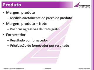 ProdutoMargem produto Medida diretamente do preço do produtoMargem produto + frete Políticas agressivas de frete grátisFornecedorResultado por fornecedorPriorização de fornecedor por resultado