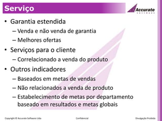 ServiçoGarantia estendidaVenda e não venda de garantiaMelhores ofertasServiços para o clienteCorrelacionado a venda do produtoOutros indicadoresBaseados em metas de vendasNão relacionados a venda de produtoEstabelecimento de metas por departamento baseado em resultados e metas globais