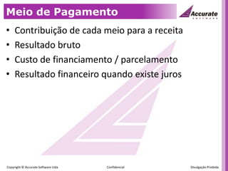 Meio de PagamentoContribuição de cada meio para a receitaResultado brutoCusto de financiamento / parcelamentoResultado financeiro quando existe juros