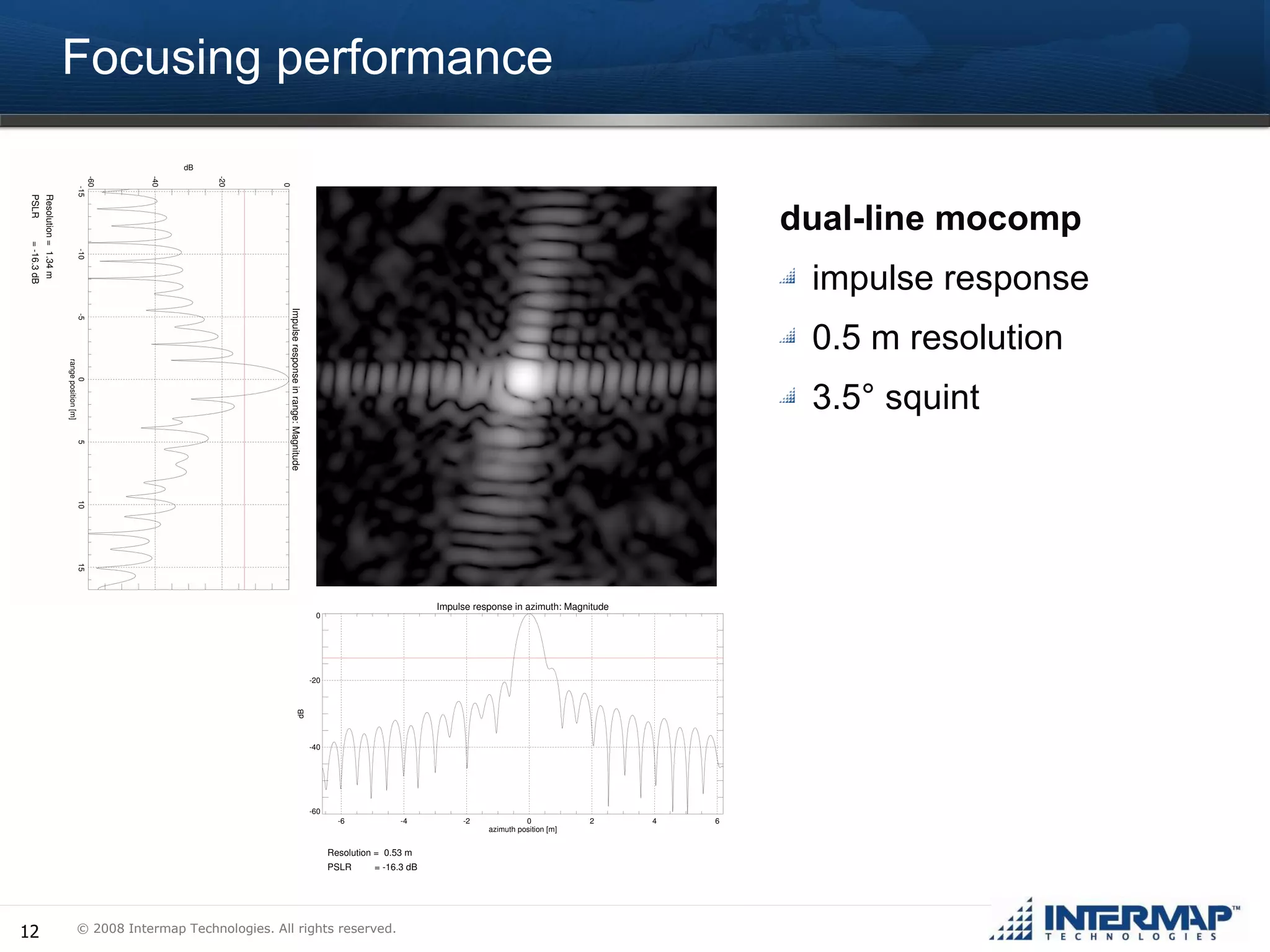 Focusing performance dual-line mocomp impulse response  0.5 m resolution 3.5° squint 