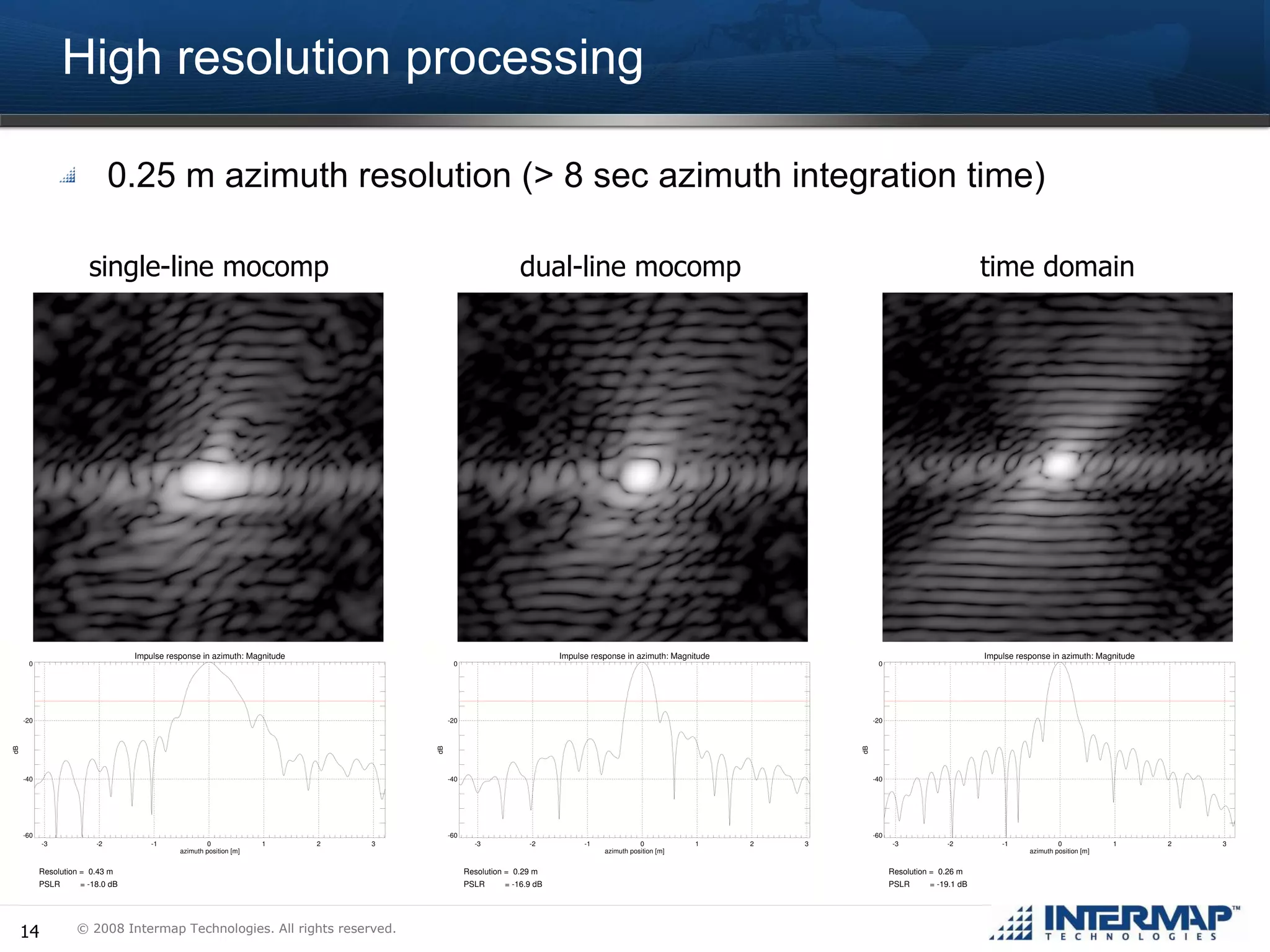 High resolution processing 0.25 m azimuth resolution (> 8 sec azimuth integration time) single-line mocomp dual-line mocomp time domain 