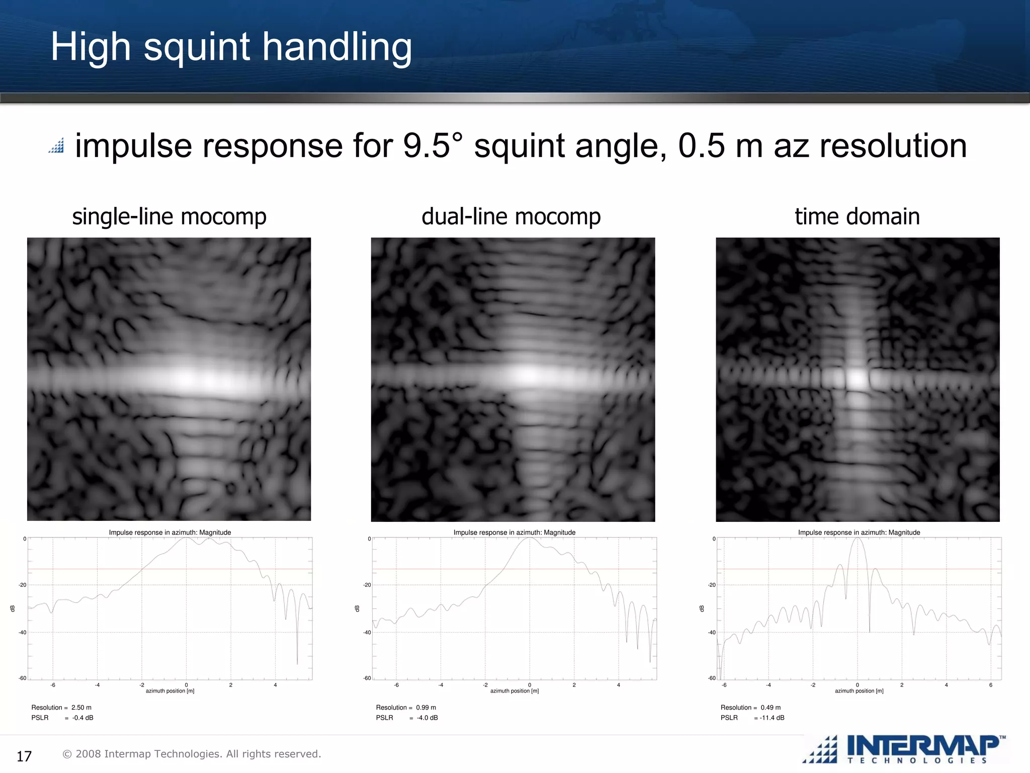 High squint handling impulse response for 9.5° squint angle, 0.5 m az resolution single-line mocomp dual-line mocomp time domain 