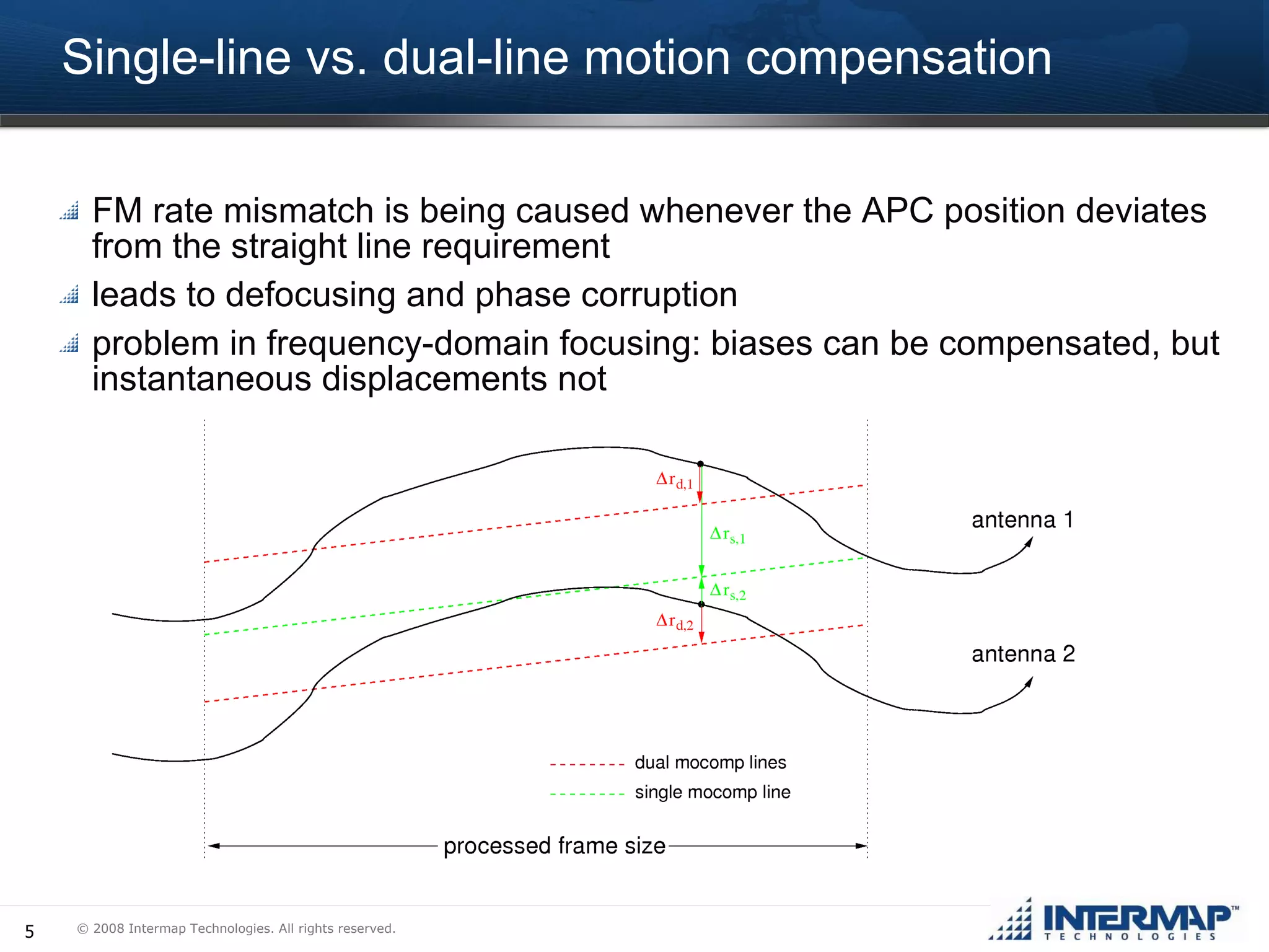Single-line vs. dual-line motion compensation FM rate mismatch is being caused whenever the APC position deviates from the straight line requirement leads to defocusing and phase corruption problem in frequency-domain focusing: biases can be compensated, but instantaneous displacements not 