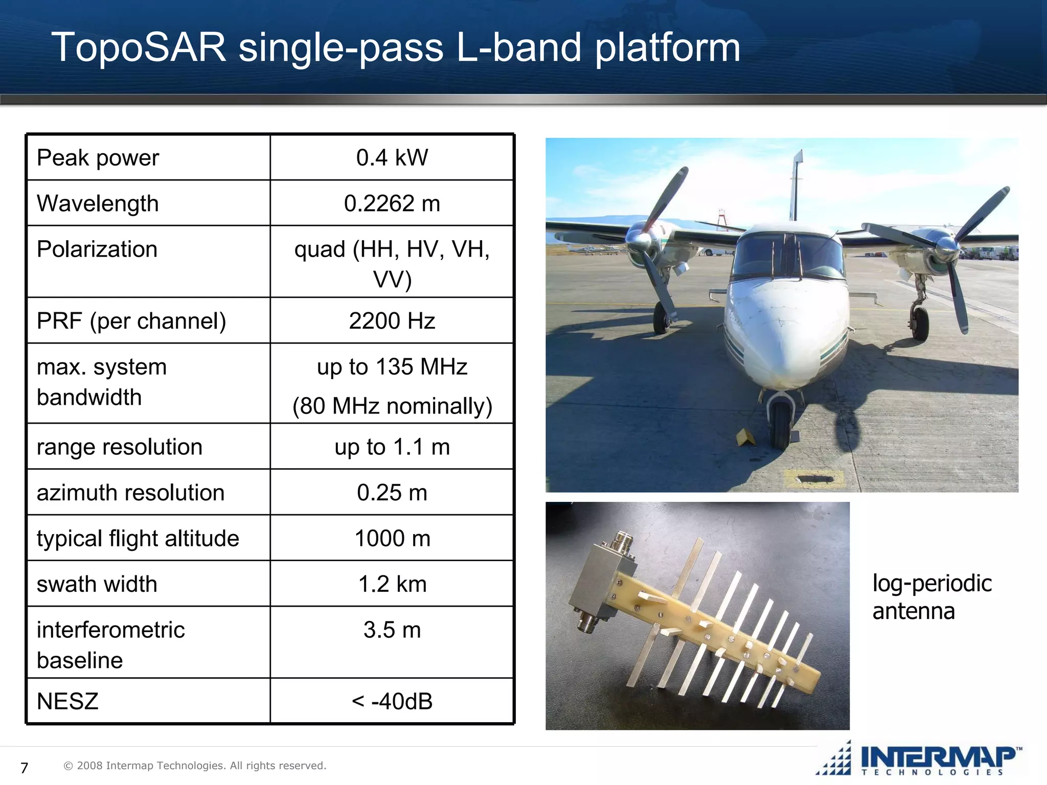 TopoSAR single-pass L-band platform log-periodic antenna < -40dB NESZ 3.5 m interferometric baseline 1.2 km swath width 1000 m typical flight altitude 0.25 m azimuth resolution up to 1.1 m range resolution up to 135 MHz (80 MHz nominally) max. system bandwidth 2200 Hz PRF (per channel) quad (HH, HV, VH, VV) Polarization 0.2262 m Wavelength 0.4 kW Peak power 