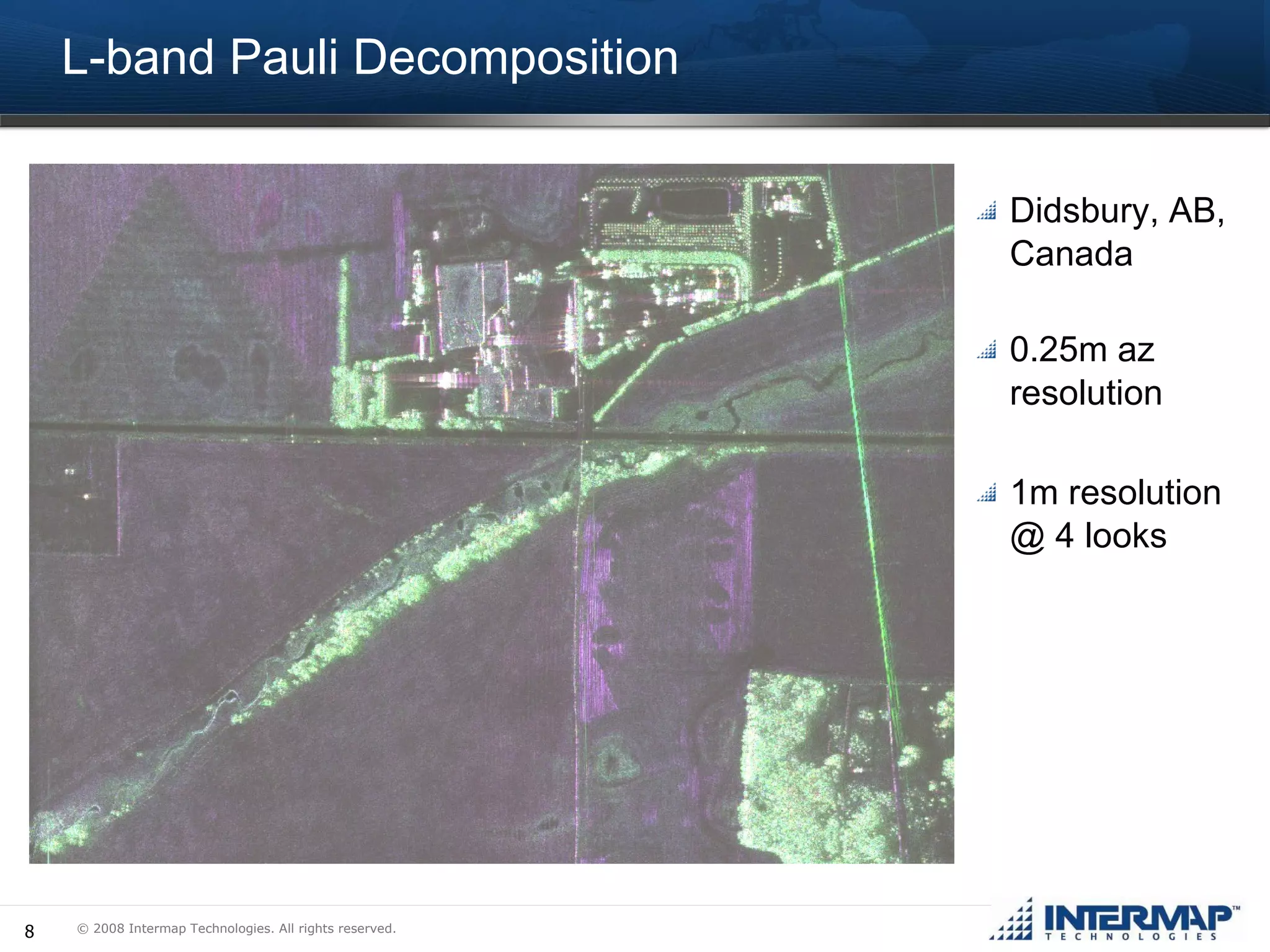 L-band Pauli Decomposition Didsbury, AB, Canada 0.25m az resolution 1m resolution @ 4 looks 