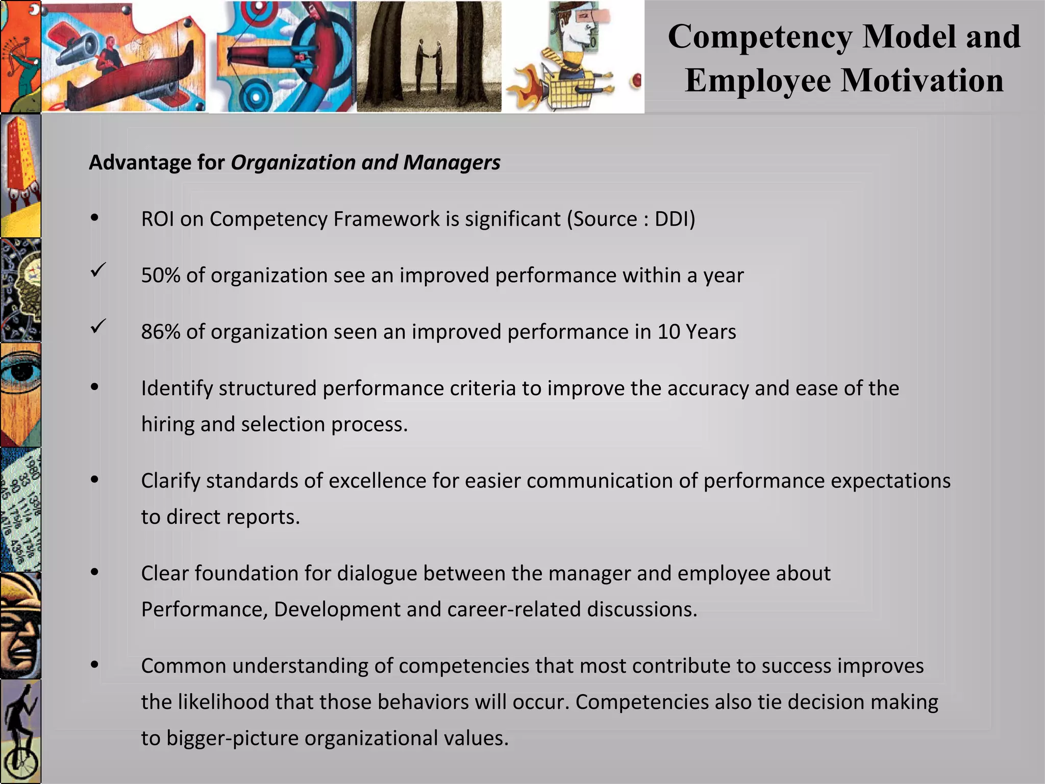 Competency Model and
Employee Motivation
Advantage forAdvantage for Organization and ManagersOrganization and Managers
• ROI on Competency Framework is significant (Source : DDI)
 50% of organization see an improved performance within a year
 86% of organization seen an improved performance in 10 Years
• Identify structured performance criteria to improve the accuracy and ease of the
hiring and selection process.
• Clarify standards of excellence for easier communication of performance expectations
to direct reports.
• Clear foundation for dialogue between the manager and employee about
Performance, Development and career-related discussions.
• Common understanding of competencies that most contribute to success improves
the likelihood that those behaviors will occur. Competencies also tie decision making
to bigger-picture organizational values.
 