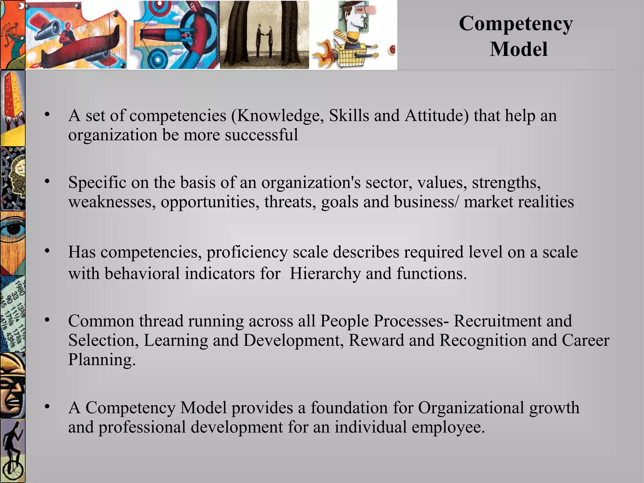 • A set of competencies (Knowledge, Skills and Attitude) that help an
organization be more successful
• Specific on the basis of an organization's sector, values, strengths,
weaknesses, opportunities, threats, goals and business/ market realities
• Has competencies, proficiency scale describes required level on a scale
with behavioral indicators for Hierarchy and functions.
• Common thread running across all People Processes- Recruitment and
Selection, Learning and Development, Reward and Recognition and Career
Planning.
• A Competency Model provides a foundation for Organizational growth
and professional development for an individual employee.
Competency
Model
 