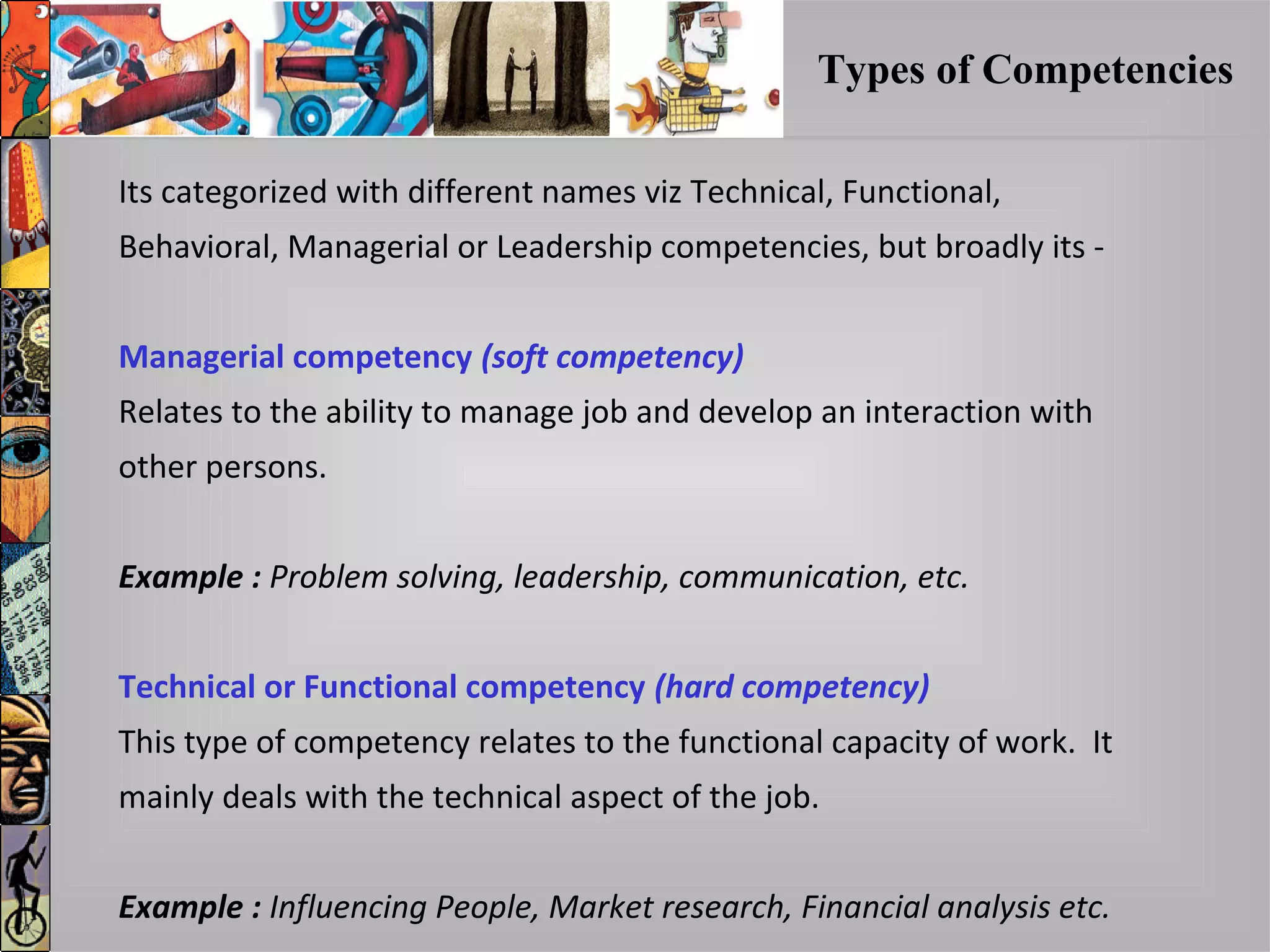 Its categorized with different names viz Technical, Functional,
Behavioral, Managerial or Leadership competencies, but broadly its -
Managerial competency (soft competency)
Relates to the ability to manage job and develop an interaction with
other persons.
Example : Problem solving, leadership, communication, etc.
Technical or Functional competency (hard competency)
This type of competency relates to the functional capacity of work. It
mainly deals with the technical aspect of the job.
Example : Influencing People, Market research, Financial analysis etc.
Types of Competencies
 