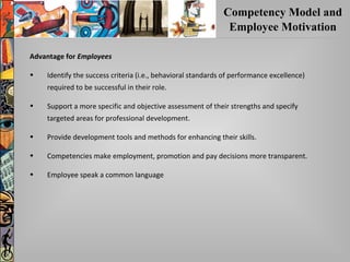 Competency Model and
Employee Motivation
Advantage forAdvantage for EmployeesEmployees
• Identify the success criteria (i.e., behavioral standards of performance excellence)
required to be successful in their role.
• Support a more specific and objective assessment of their strengths and specify
targeted areas for professional development.
• Provide development tools and methods for enhancing their skills.
• Competencies make employment, promotion and pay decisions more transparent.
• Employee speak a common language
 