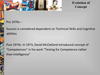 Pre 1970s –
Success is considered dependent on Technical Skills and Cognitive
abilities
Evolution of
Concept
Post 1970s- In 1973, David McClelland introduced concept of
“Competences” in his work “Testing for Competence rather
than intelligence”
 