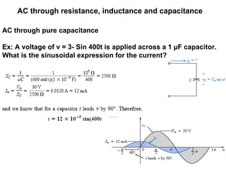 AC through resistance, inductance and capacitance
AC through pure capacitance
Ex: A voltage of v = 3- Sin 400t is applied across a 1 µF capacitor.
What is the sinusoidal expression for the current?
 