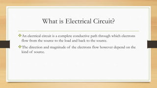What is Electrical Circuit?
An electrical circuit is a complete conductive path through which electrons
flow from the source to the load and back to the source.
The direction and magnitude of the electrons flow however depend on the
kind of source.
 